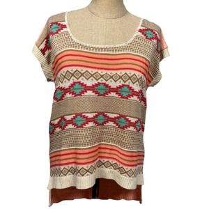 VTG Cotton Emporium M‎ Boho Aztec Knit Top Short Sleeve Tunic Retro Beige Pink